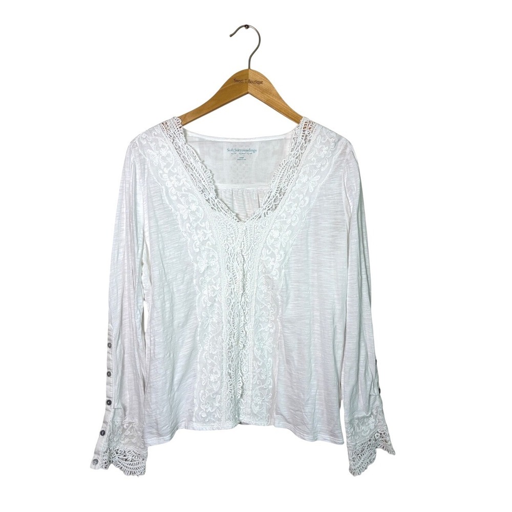 Soft Surroundings Large White Cotton Pintuck‎ Lace Boho Blouse Cottagecore